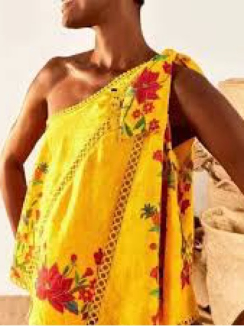 FARM Rio Yellow Flower Dream One-Shoulder Embroidered Cotton Blouse SMALL